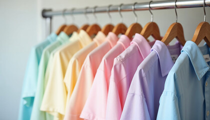 Pastel-colored shirts hanging in a gradient on a clothing rack.