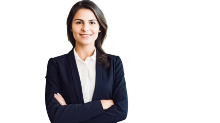 Confident businesswoman smiling corporate manager, looking at camera with arms crossed on transparent background PNG. 

