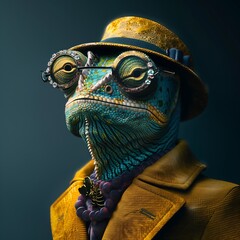 Luxury chameleon in yellow and blue in glasses