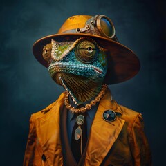 Luxury chameleon in yellow and blue in glasses