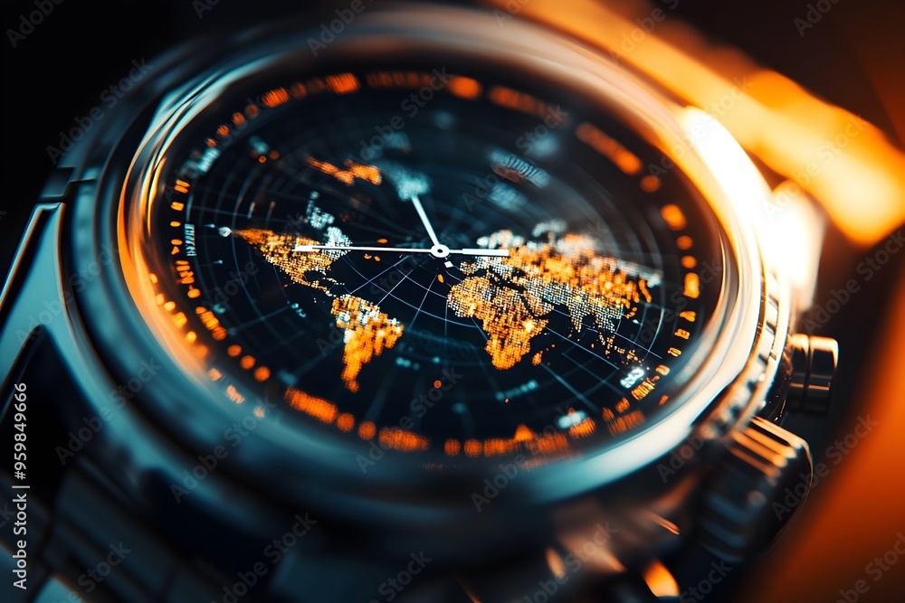 Poster close up of digital wristwatch displaying global time zones and world map interface