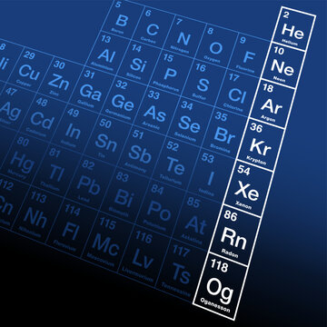 Noble gases, chemically related elements of group 18 in the periodic table. Helium, neon, argon, krypton, xenon, radon, and oganesson. Also known as the inert gases and aerogens. Illustration. Vector