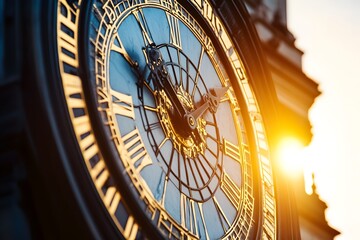 Fototapeta premium Close up View of a Majestic Clock Tower Against a Vibrant Sunset Sky