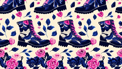 Seamless pattern with shoes and flowers. Floral Boots Pattern.