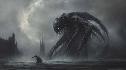A dark, atmospheric landscape featuring a monstrous creature looming over a figure in water, shrouded in mystery and dread.