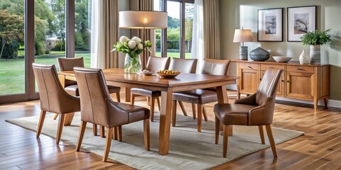 Elegant wood dining table and chairs with leather upholstery bring sophistication to the modern dining room, perfect