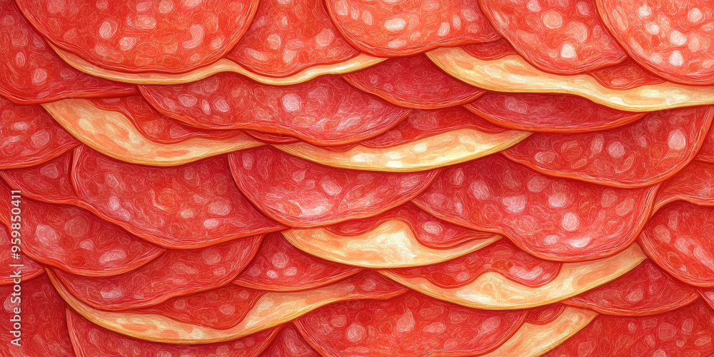 Poster Stack of pepperoni slices layered on top of each other, showing the edges