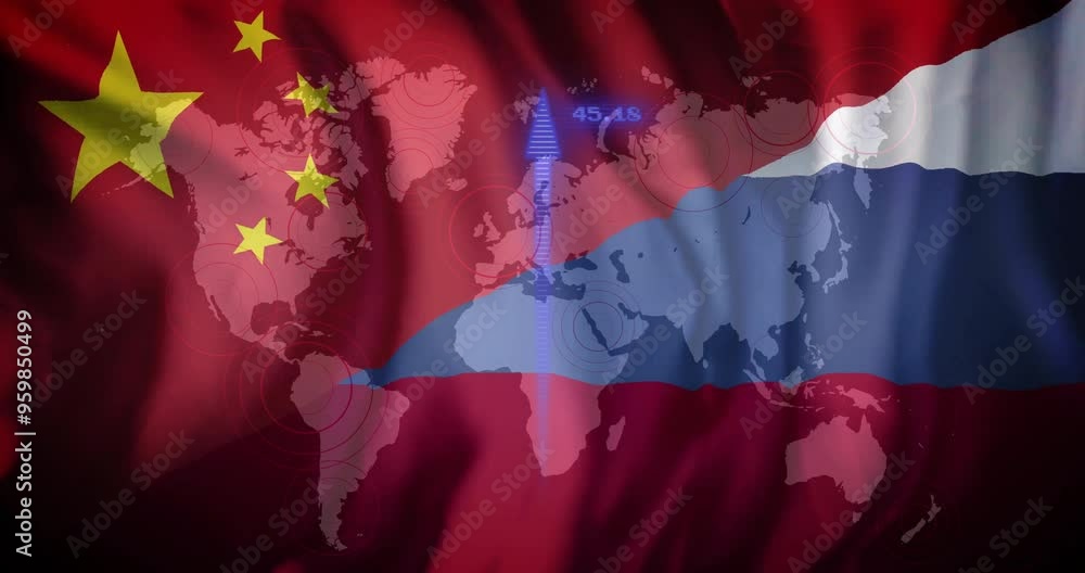 Poster world map with china and russia flags over data processing animation