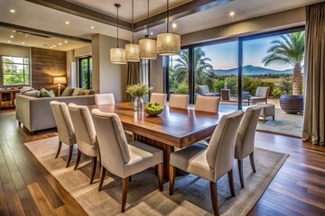 Fototapeta premium Elegant wood dining table with plush chairs in a spacious modern dining room located in Scottsdale, Arizona
