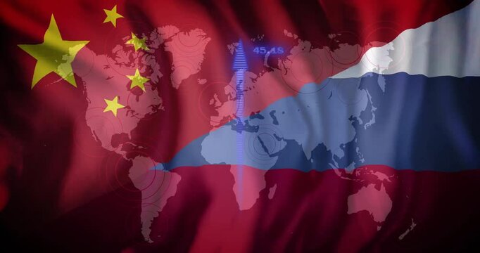 World map with China and Russia flags over data processing animation