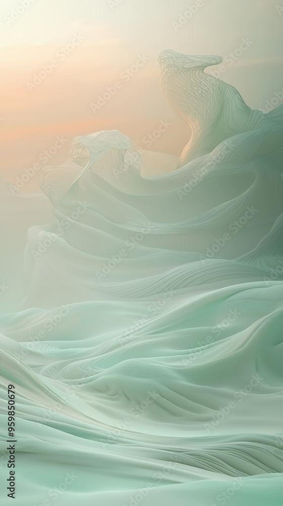 Poster enchanting landscape with fluid gradient waves and serene elements.