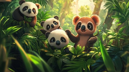 Naklejka premium Cute panda and koala cubs playing in the jungle.