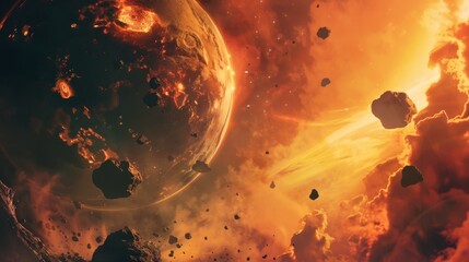 A fiery cosmic scene captures an erupting planet surrounded by asteroids and vibrant light, embodying the intensity and chaos of space.