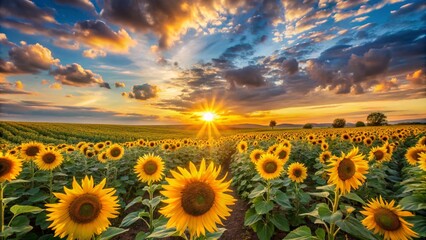 Fototapeta premium Summer landscape: beauty sunset over sunflowers field. Panoramic views 