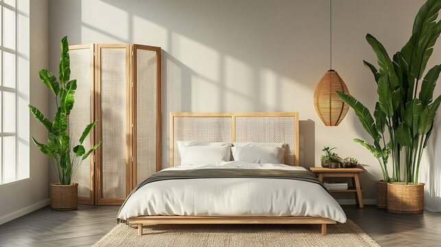 "Stylish bedroom interior featuring nightstands, a folding screen, houseplants, and a lamp."







