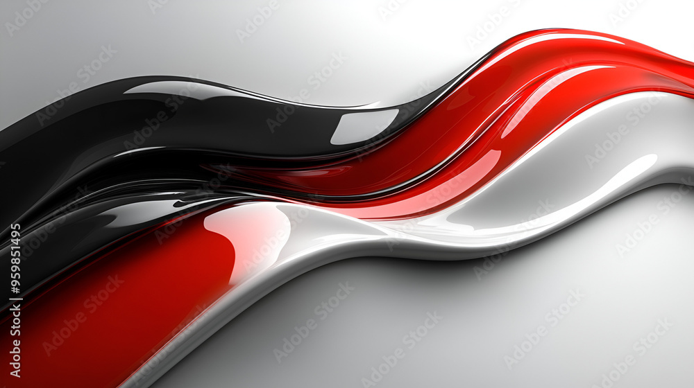 Poster wavy patterns in black, red, and silver colors create an abstract flow on a smooth surface in a mode