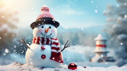 Obraz premium Cheerful snowman wearing a hat and scarf in a snowy landscape during winter season
