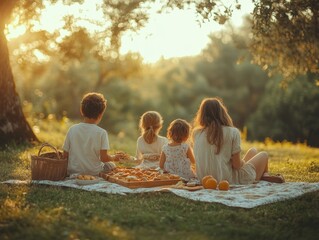 Golden Hour Picnic: Family enjoying a tranquil picnic in a sun-drenched park. Warm sunset light bathes the scene, creating a serene and heartwarming moment. 