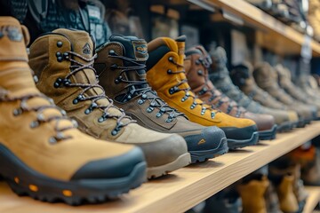 Diverse Collection of Hiking Boots Showcased on a Retail Shelf