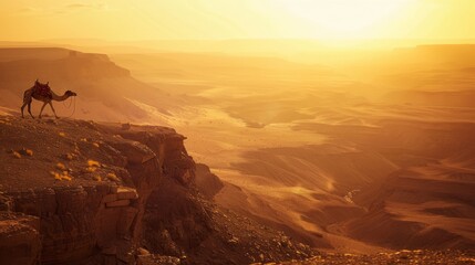 Naklejka premium Against the backdrop of a glowing desert sunset, a lone camel traverses a vast, golden-hued landscape, evoking a sense of adventure and tranquility.