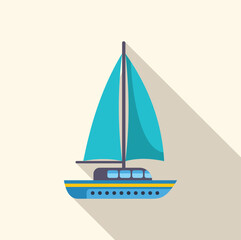 Simple colorful icon of a sailboat sailing on the water, with a long shadow