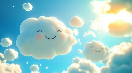Smiling clouds in a bright blue sky.