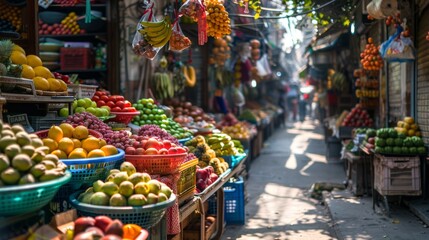 A Bustling Street Market Filled with Colorful Fruits and Lively Vendors Amidst Morning Glow