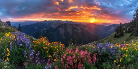 Dramatic sunrise over a mountain range, with the foreground alive with colorful wildflowers.