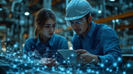 Smart Factory Engineers Collaborating on Digital Technology Analysis with Network Connections Visualization in a High-Tech Industrial Facility