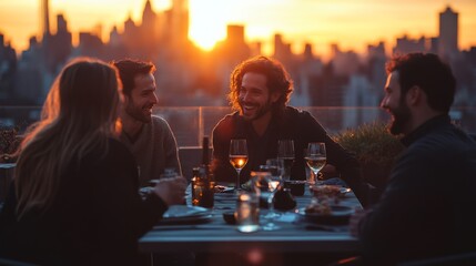 Rooftop Sunset Soiree: Friends share laughter and drinks as the sun sets over the cityscape.  A warm and inviting scene perfect for evoking feelings of friendship, celebration, and urban relaxation. 