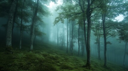 Fototapeta premium Enchanted Forest: A mystical and ethereal atmosphere envelops the dense forest, where towering trees stand tall against a backdrop of swirling mist.