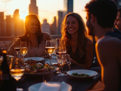 Sunset Rooftop Dinner Party: A group of friends enjoy a rooftop dinner party under a beautiful sunset, sharing laughter and good times. This image captures the essence of friendship, celebration.