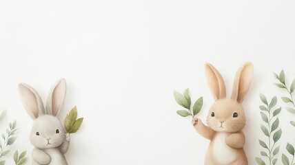 Obraz premium Bunny holding a leaf above its head, surrounded by soft greenery, watercolor nature illustration, white background with plenty of space for text