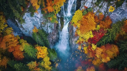 Aerial View of Waterfall Surrounded by Autumn Foliage