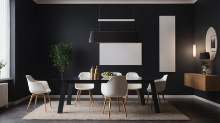 A dark theme dining room interior design concept, Bkack wall living room with white chair and an empty photo frame on the wall.