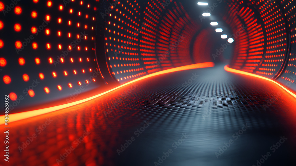Poster a futuristic tunnel illuminated by glowing red lights with a textured floor creates an immersive atm