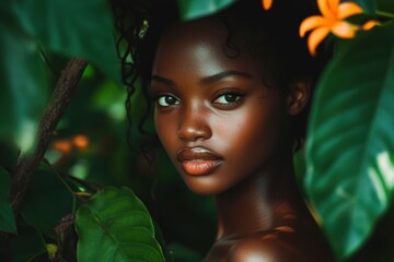 A beautiful young dark-skinned girl in nature. African aesthetics in her natural beauty. An African woman in the tropical forest.