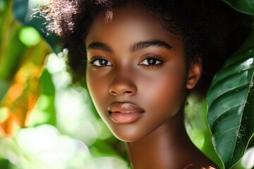 A beautiful young dark-skinned girl in nature. African aesthetics in her natural beauty. An African woman in the tropical forest.