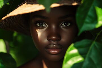 A beautiful young dark-skinned girl in nature. African aesthetics in her natural beauty. An African woman in the tropical forest.