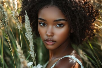 A beautiful young dark-skinned girl in nature. African aesthetics in her natural beauty. An African woman in the tropical forest.