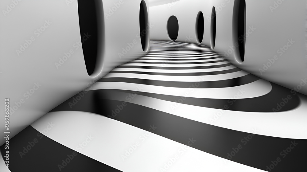 Poster striking black and white abstract corridor with curved lines and circular openings creating a modern