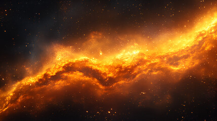 A vibrant cosmic nebula glowing with fiery oranges and yellows, illuminated against the starry backdrop of deep space