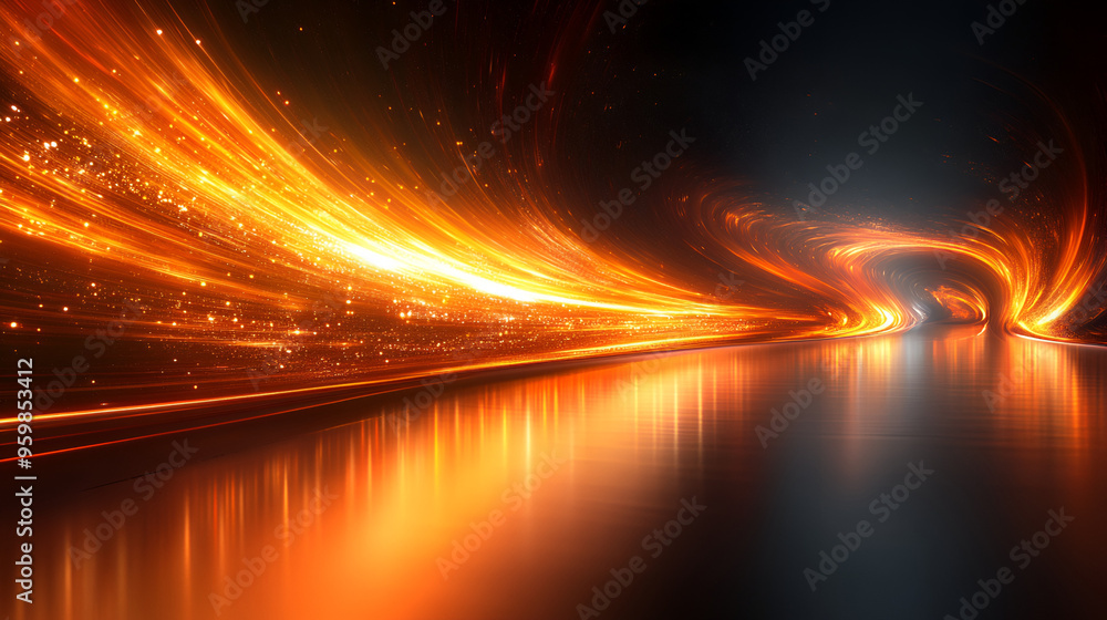 Poster vibrant abstract pattern of swirling orange light reflecting on a dark surface, creating a mesmerizi