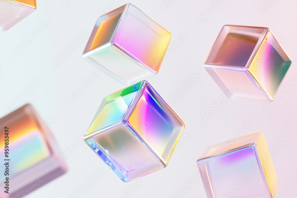Poster futuristic minimalist design with holographic cubes in abstract composition.