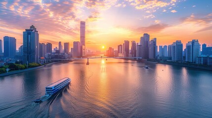 Cityscape with Sunset and River Reflection