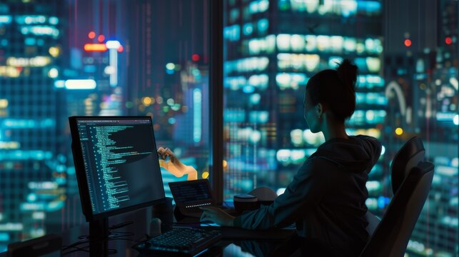 A late-night coder engrossed in their work, surrounded by glowing screens, overlooking a futuristic cityscape immersed in neon lights.
