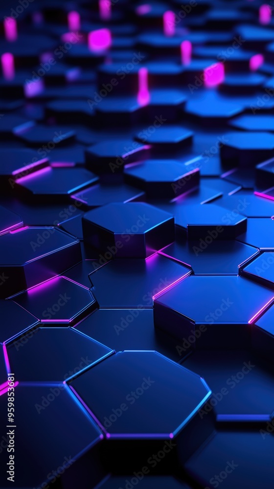 Sticker Futuristic minimalist design with hexagonal pattern and neon lighting.