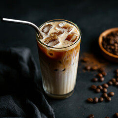 Refreshing Iced Coffee with Cream and a Metal Straw