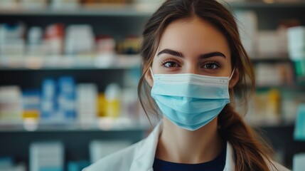 Female pharmacist, wearing a protective mask, stands in front of pharmacy shelves filled with medication, ensuring safety while managing pharmaceutical products.