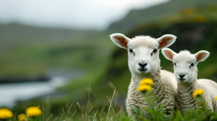 Fototapeta premium Ewes And Their Newborn Lambs Grazing The West